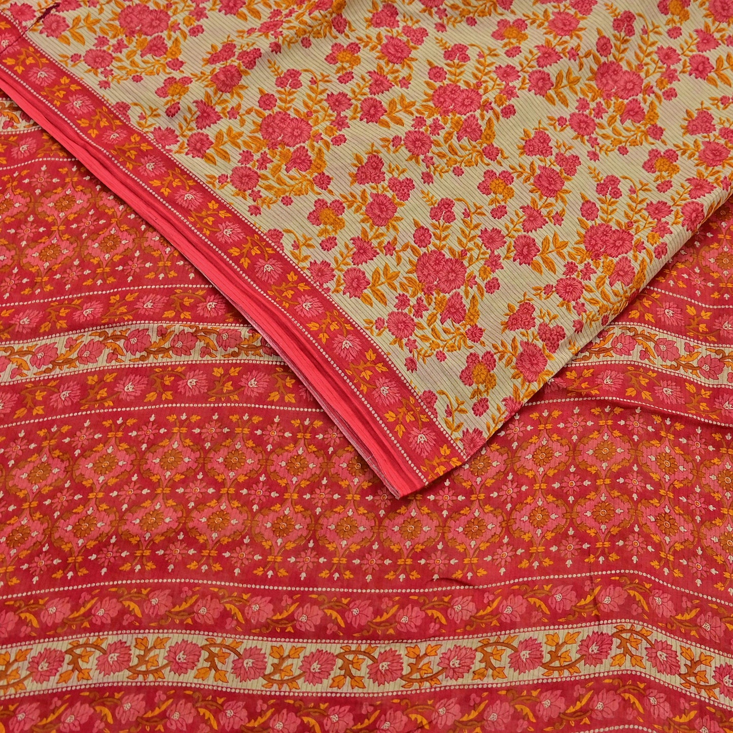 Indian Vintage Red & Beige Saree Printed 100% Pure Cotton Sari Craft Fabric 5Yd Soft Sewing Sarong Wrap Dress Making Quilting Crafting