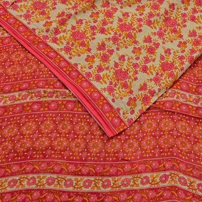 Indian Vintage Red & Beige Saree Printed 100% Pure Cotton Sari Craft Fabric 5Yd Soft Sewing Sarong Wrap Dress Making Quilting Crafting