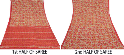 Indian Vintage Red & Beige Saree Printed 100% Pure Cotton Sari Craft Fabric 5Yd Soft Sewing Sarong Wrap Dress Making Quilting Crafting