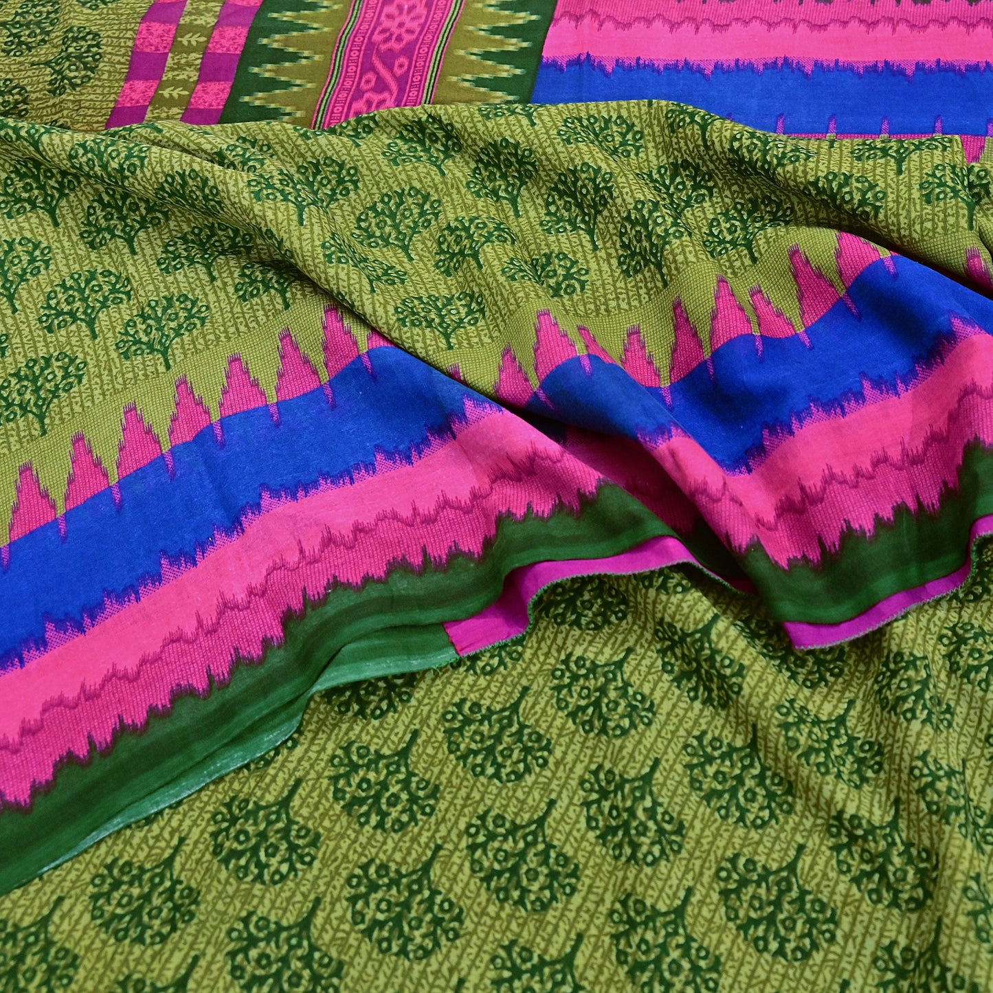 Indian Vintage Green Pure Cotton Saree Traditional Ikat Elephant Print 5 Yard Fabric Lightweight Boho Craft Material