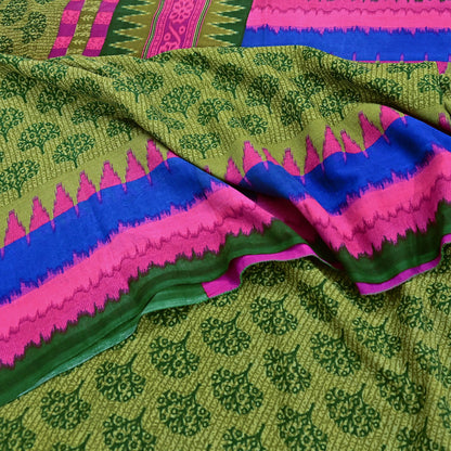 Indian Vintage Green Pure Cotton Saree Traditional Ikat Elephant Print 5 Yard Fabric Lightweight Boho Craft Material