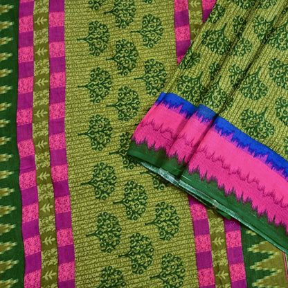 Indian Vintage Green Pure Cotton Saree Traditional Ikat Elephant Print 5 Yard Fabric Lightweight Boho Craft Material