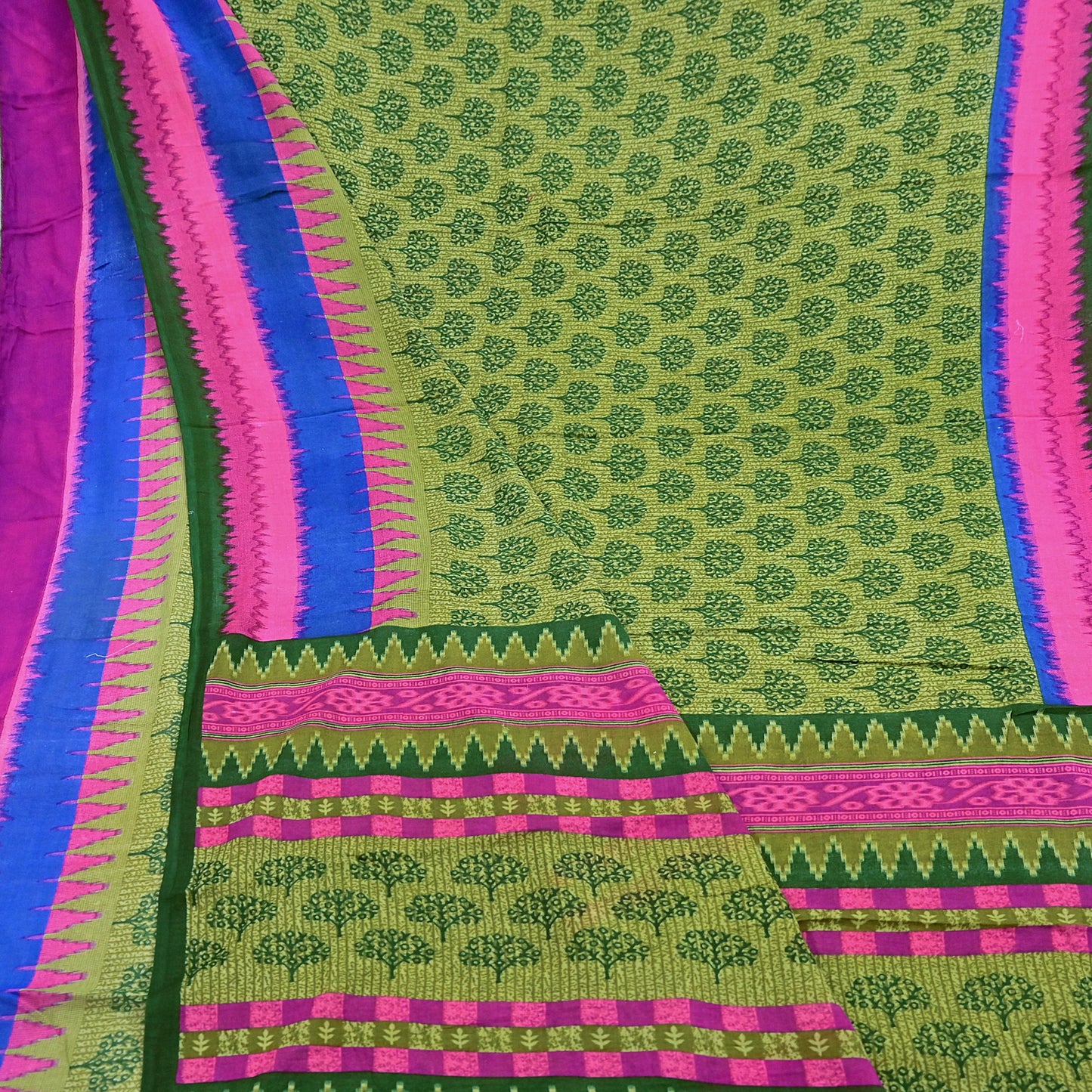 Indian Vintage Green Pure Cotton Saree Traditional Ikat Elephant Print 5 Yard Fabric Lightweight Boho Craft Material