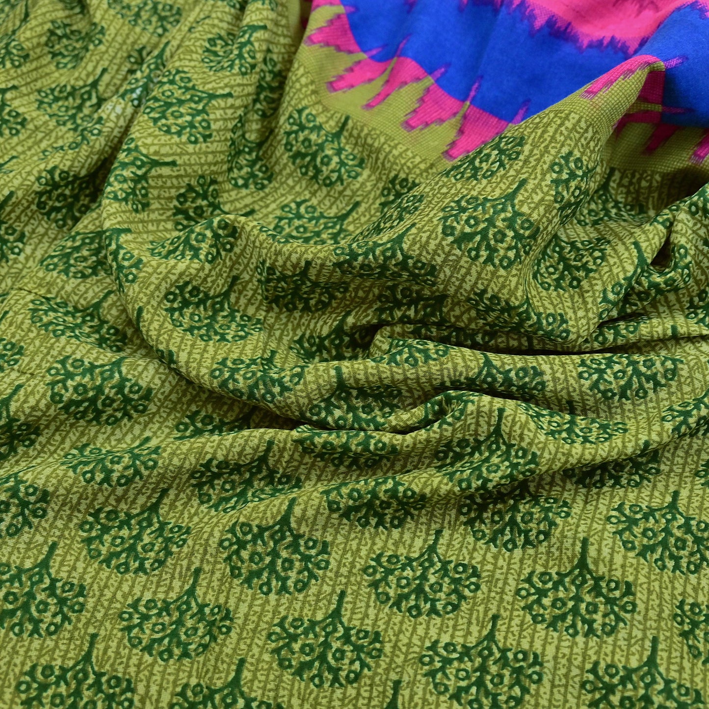 Indian Vintage Green Pure Cotton Saree Traditional Ikat Elephant Print 5 Yard Fabric Lightweight Boho Craft Material