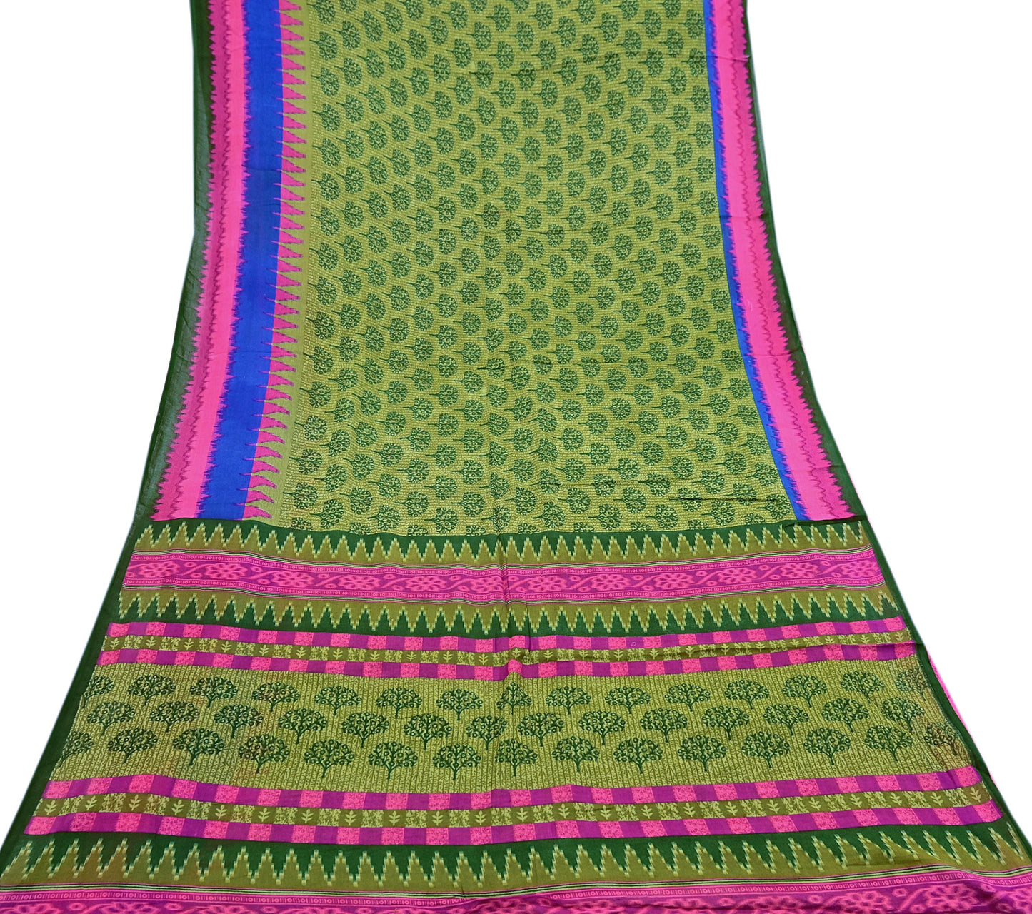 Indian Vintage Green Pure Cotton Saree Traditional Ikat Elephant Print 5 Yard Fabric Lightweight Boho Craft Material