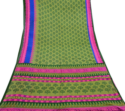 Indian Vintage Green Pure Cotton Saree Traditional Ikat Elephant Print 5 Yard Fabric Lightweight Boho Craft Material