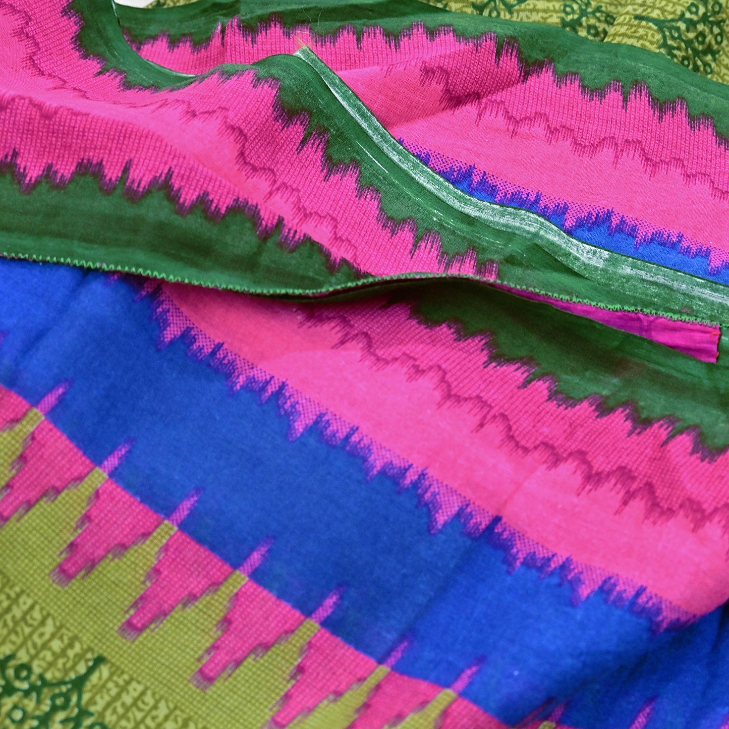 Indian Vintage Green Pure Cotton Saree Traditional Ikat Elephant Print 5 Yard Fabric Lightweight Boho Craft Material