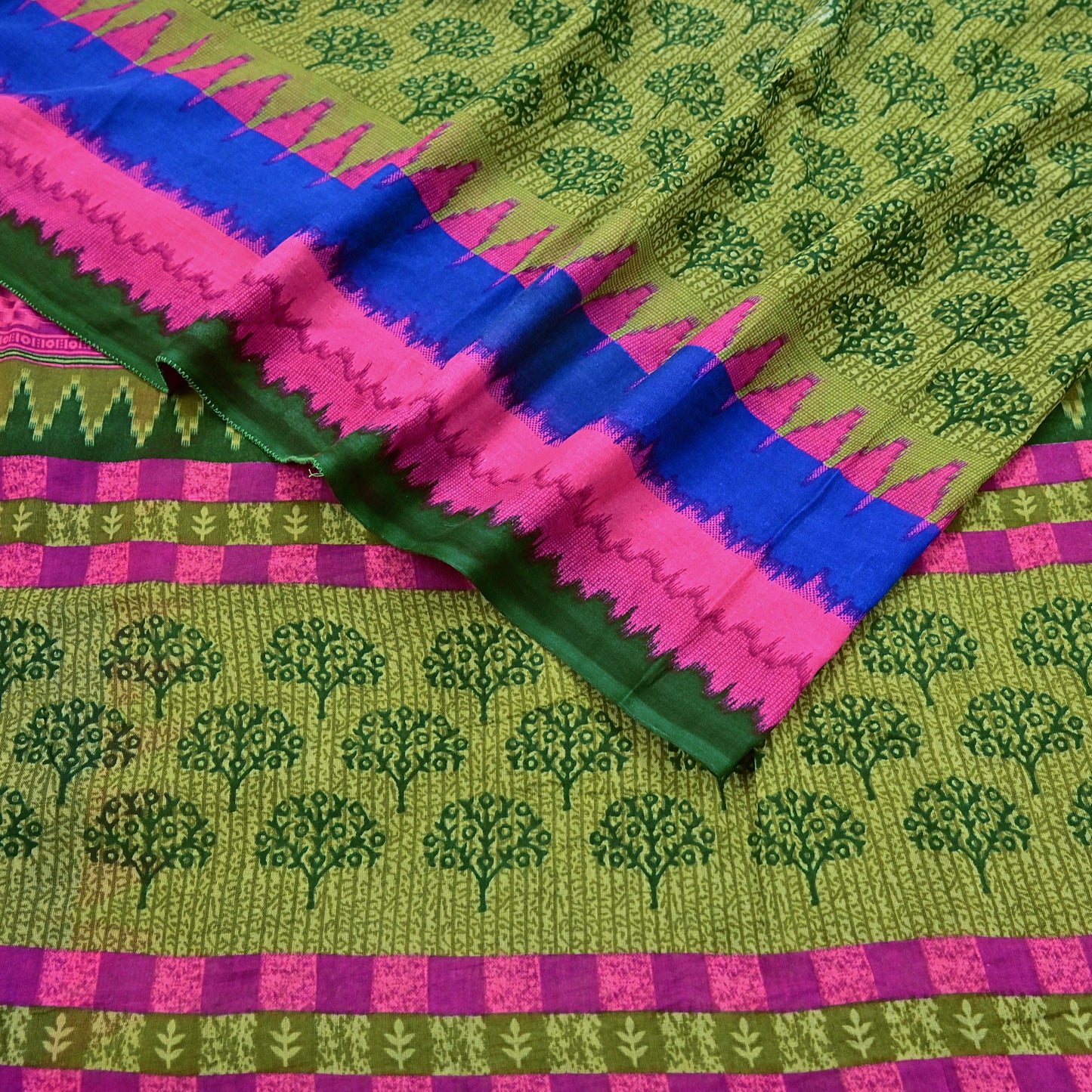 Indian Vintage Green Pure Cotton Saree Traditional Ikat Elephant Print 5 Yard Fabric Lightweight Boho Craft Material