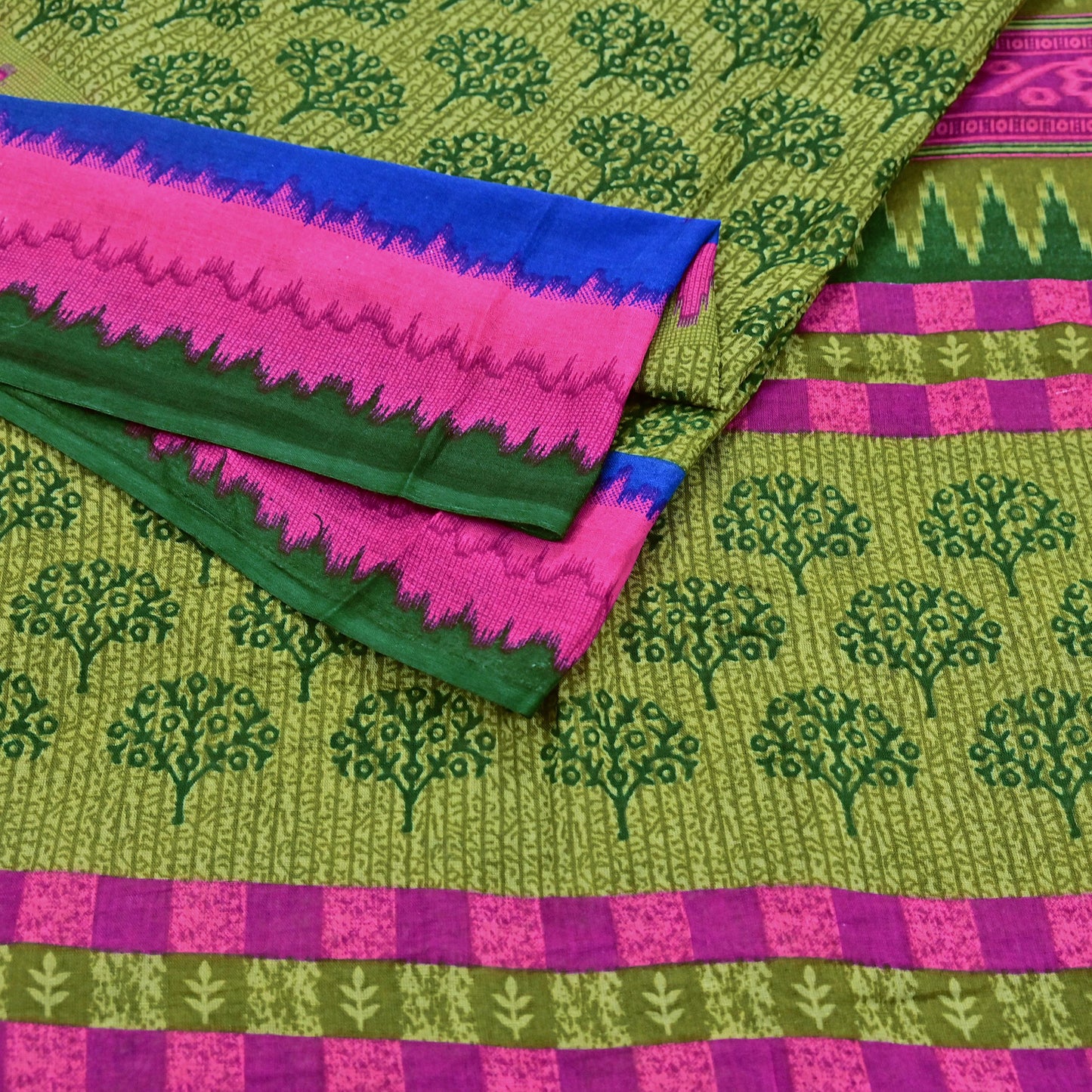 Indian Vintage Green Pure Cotton Saree Traditional Ikat Elephant Print 5 Yard Fabric Lightweight Boho Craft Material