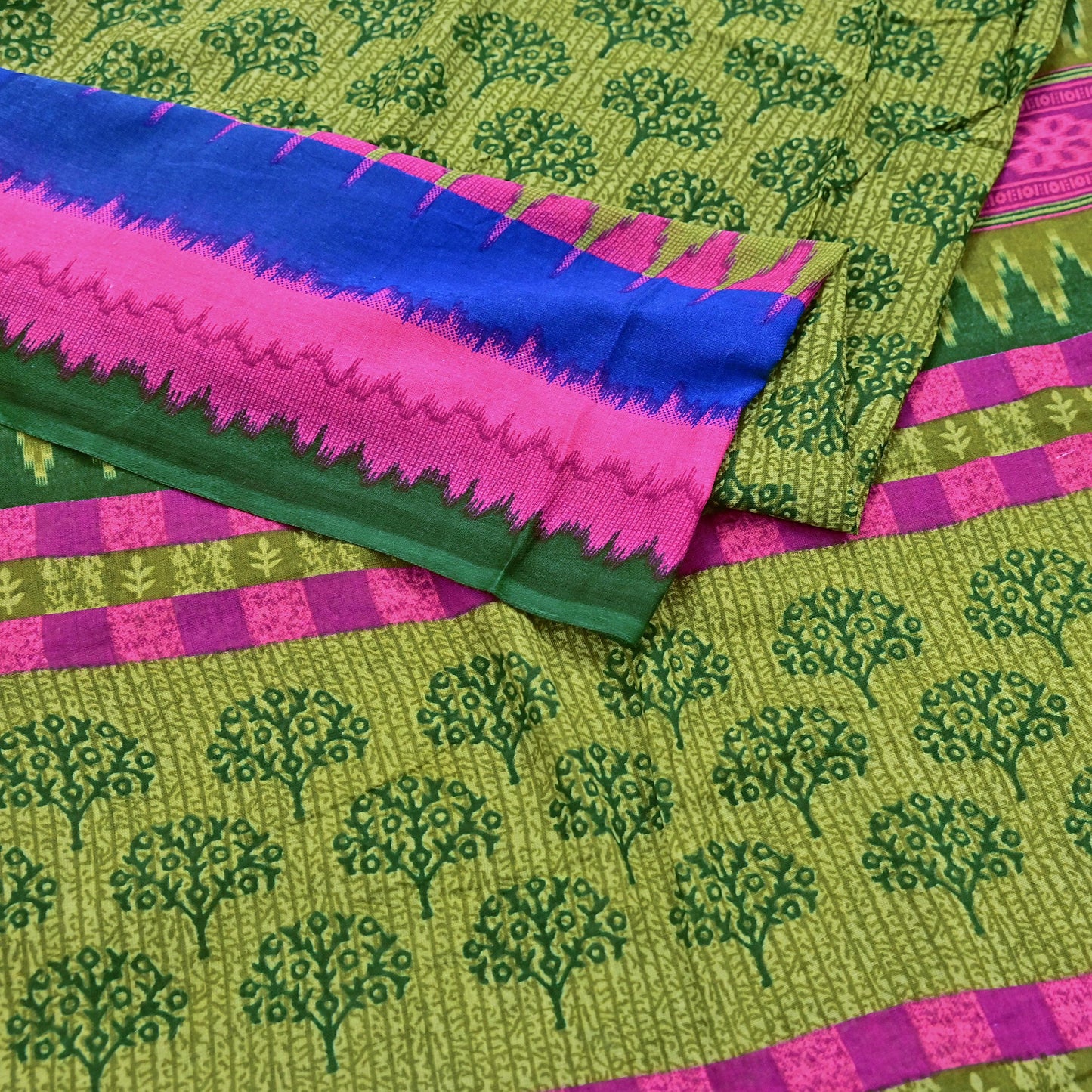 Indian Vintage Green Pure Cotton Saree Traditional Ikat Elephant Print 5 Yard Fabric Lightweight Boho Craft Material