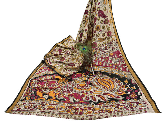 Indian Vintage Sari Kalamkari Print Sari Pure Cotton Saree Craft Fabric 5Yd Soft Dancing Lady Ethnic Dress Making