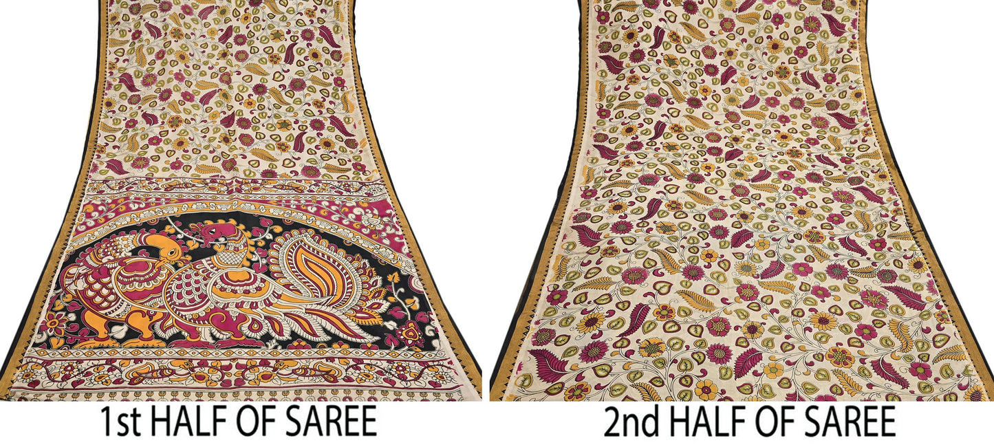 Indian Vintage Sari Kalamkari Print Sari Pure Cotton Saree Craft Fabric 5Yd Soft Dancing Lady Ethnic Dress Making