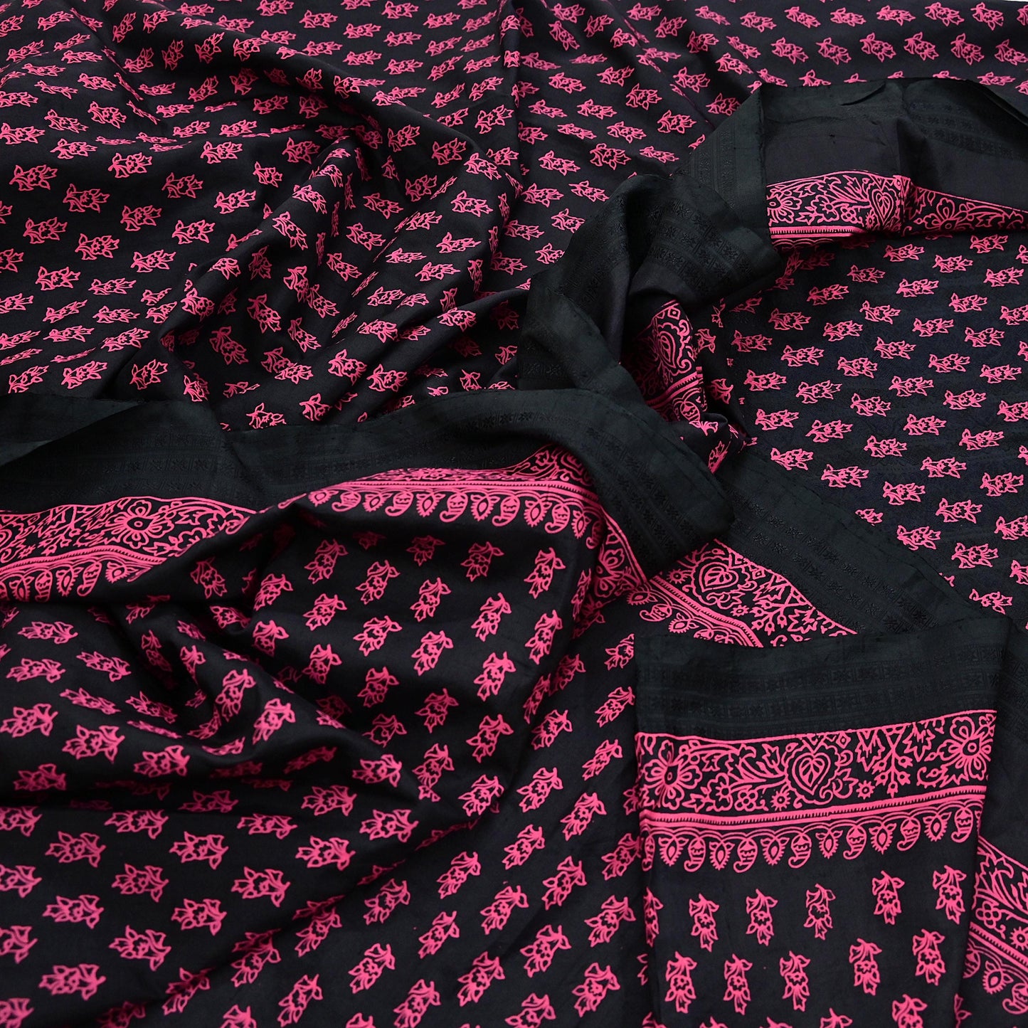 Indian Vintage Sari Black Pure Tussar Silk Hand Woven/Hand Painted Sarees Craft Fabric 5Yd Sewing Ethnic Dress making For Crafting