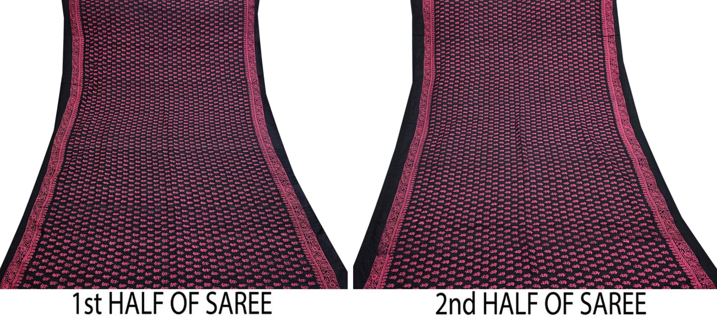 Indian Vintage Sari Black Pure Tussar Silk Hand Woven/Hand Painted Sarees Craft Fabric 5Yd Sewing Ethnic Dress making For Crafting