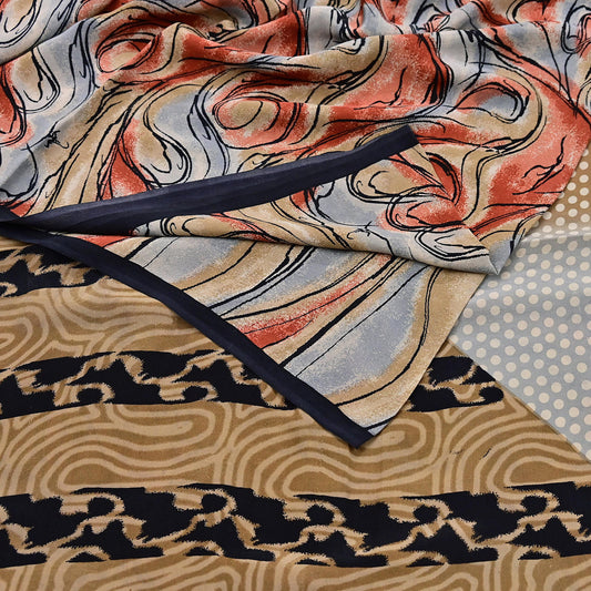 Indian Vintage Pure Crepe Silk Saree Abstract Print 5Yards Soft Sewing Fabric for Dressmaking, Quilting, Crafting & Upcycling