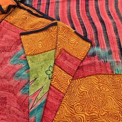 Indian Vintage Sari Mustard & Red Pure Crepe Silk Printed Sarees 5yd Sewing Floral Soft Craft Fabric Wrap Dress making Crafting Quilting
