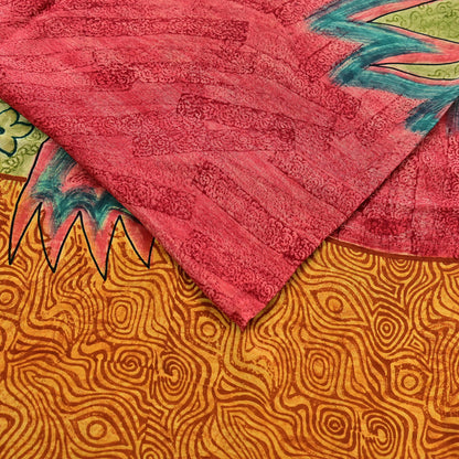 Indian Vintage Sari Mustard & Red Pure Crepe Silk Printed Sarees 5yd Sewing Floral Soft Craft Fabric Wrap Dress making Crafting Quilting