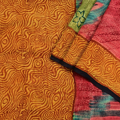 Indian Vintage Sari Mustard & Red Pure Crepe Silk Printed Sarees 5yd Sewing Floral Soft Craft Fabric Wrap Dress making Crafting Quilting