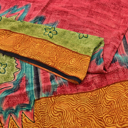 Indian Vintage Sari Mustard & Red Pure Crepe Silk Printed Sarees 5yd Sewing Floral Soft Craft Fabric Wrap Dress making Crafting Quilting
