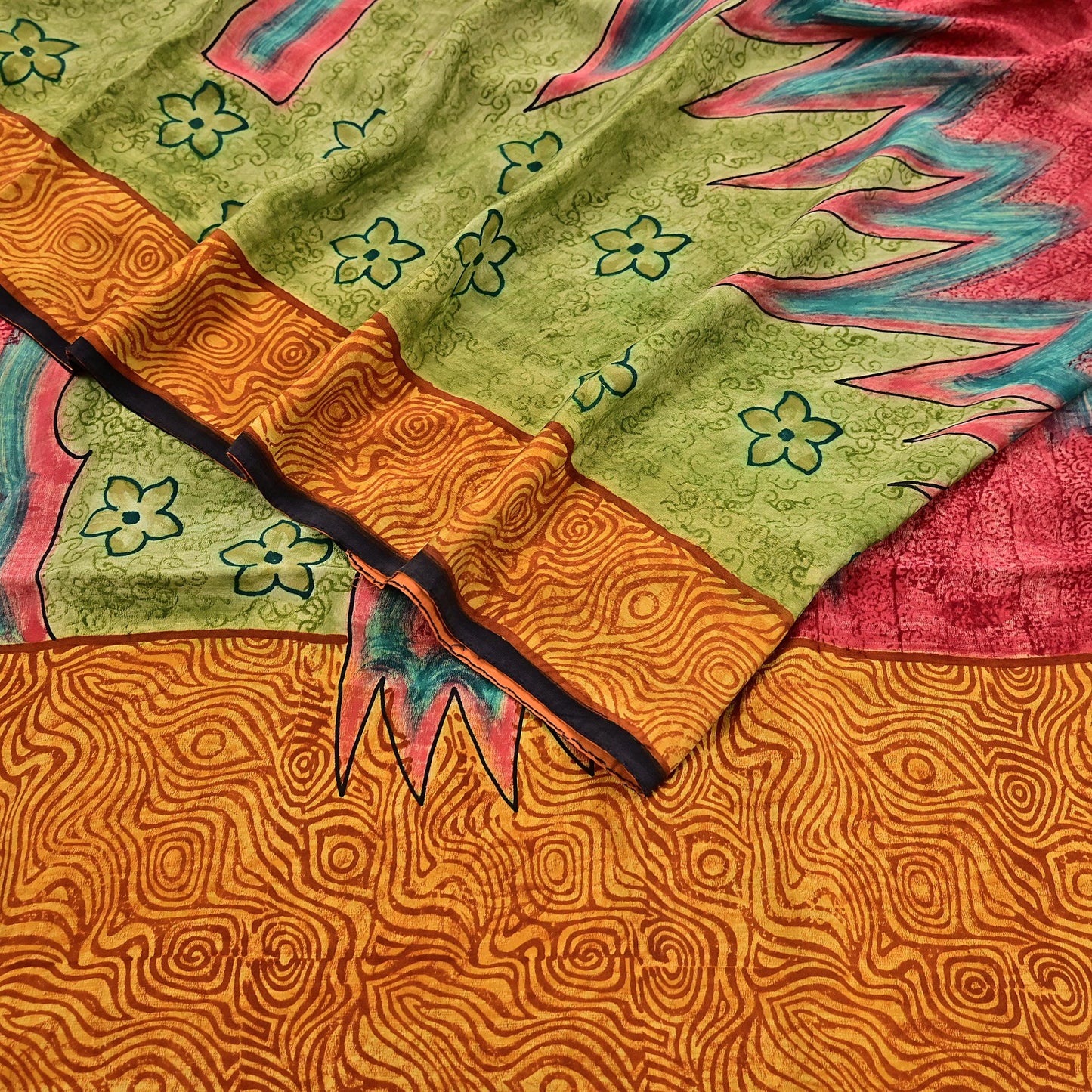 Indian Vintage Sari Mustard & Red Pure Crepe Silk Printed Sarees 5yd Sewing Floral Soft Craft Fabric Wrap Dress making Crafting Quilting