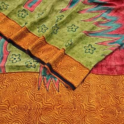 Indian Vintage Sari Mustard & Red Pure Crepe Silk Printed Sarees 5yd Sewing Floral Soft Craft Fabric Wrap Dress making Crafting Quilting