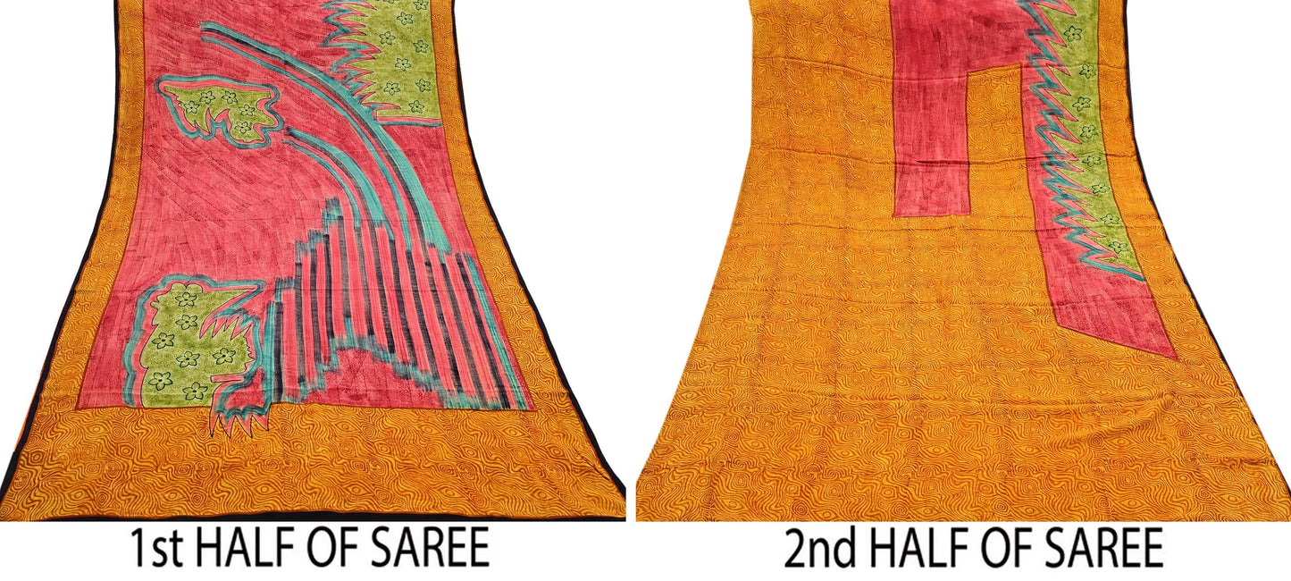 Indian Vintage Sari Mustard & Red Pure Crepe Silk Printed Sarees 5yd Sewing Floral Soft Craft Fabric Wrap Dress making Crafting Quilting