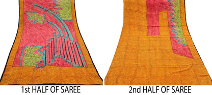 Indian Vintage Sari Mustard & Red Pure Crepe Silk Printed Sarees 5yd Sewing Floral Soft Craft Fabric Wrap Dress making Crafting Quilting