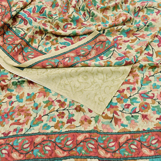 Indian Vintage Sari Beige Pure Crepe Silk Jamawar Printed Sarees 5yd Sewing Soft Craft Fabric Wrap Dress making Upcycle Crafting Quilting