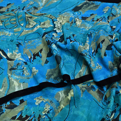 Indian Vintage Sari Blue & Green 100% Pure Georgette Silk Printed Sarees Sewing 5yd Craft Soft Dress Designing for Crafting Abstract