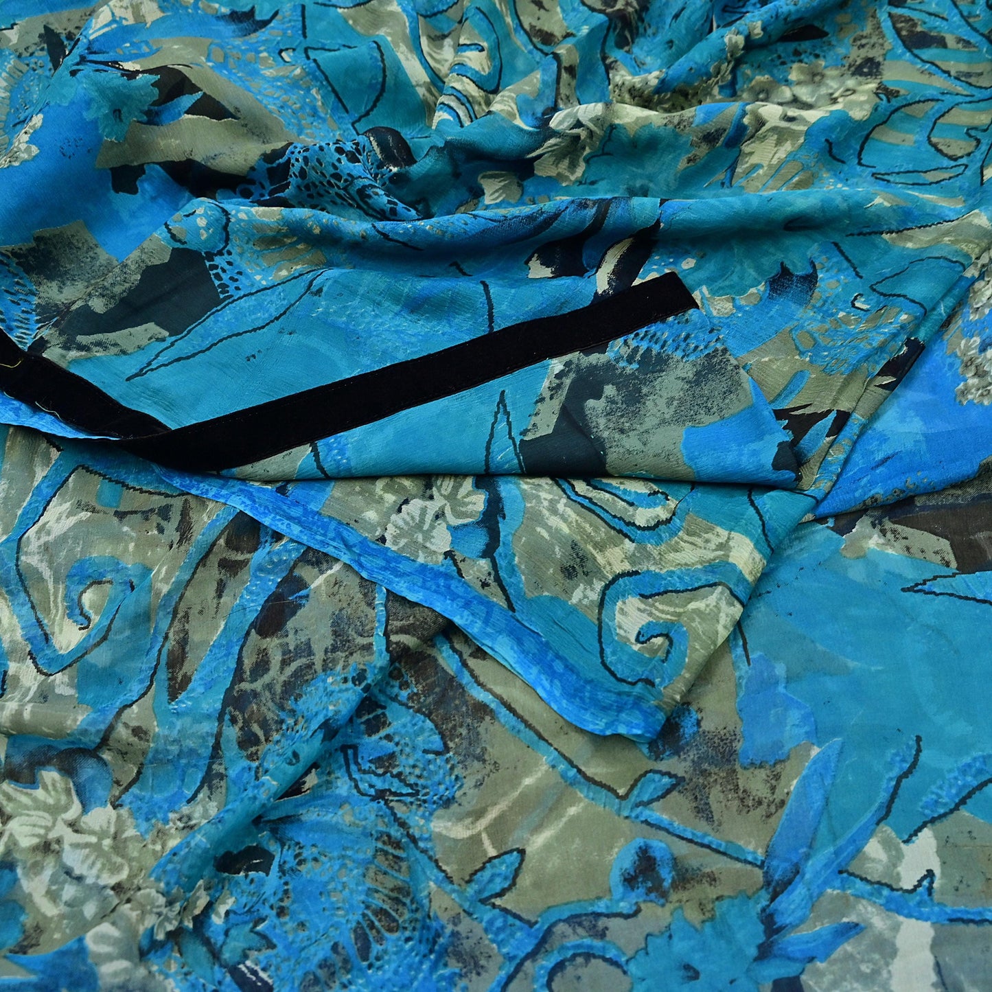 Indian Vintage Sari Blue & Green 100% Pure Georgette Silk Printed Sarees Sewing 5yd Craft Soft Dress Designing for Crafting Abstract