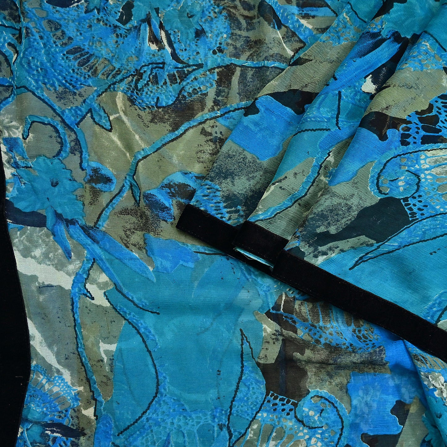 Indian Vintage Sari Blue & Green 100% Pure Georgette Silk Printed Sarees Sewing 5yd Craft Soft Dress Designing for Crafting Abstract