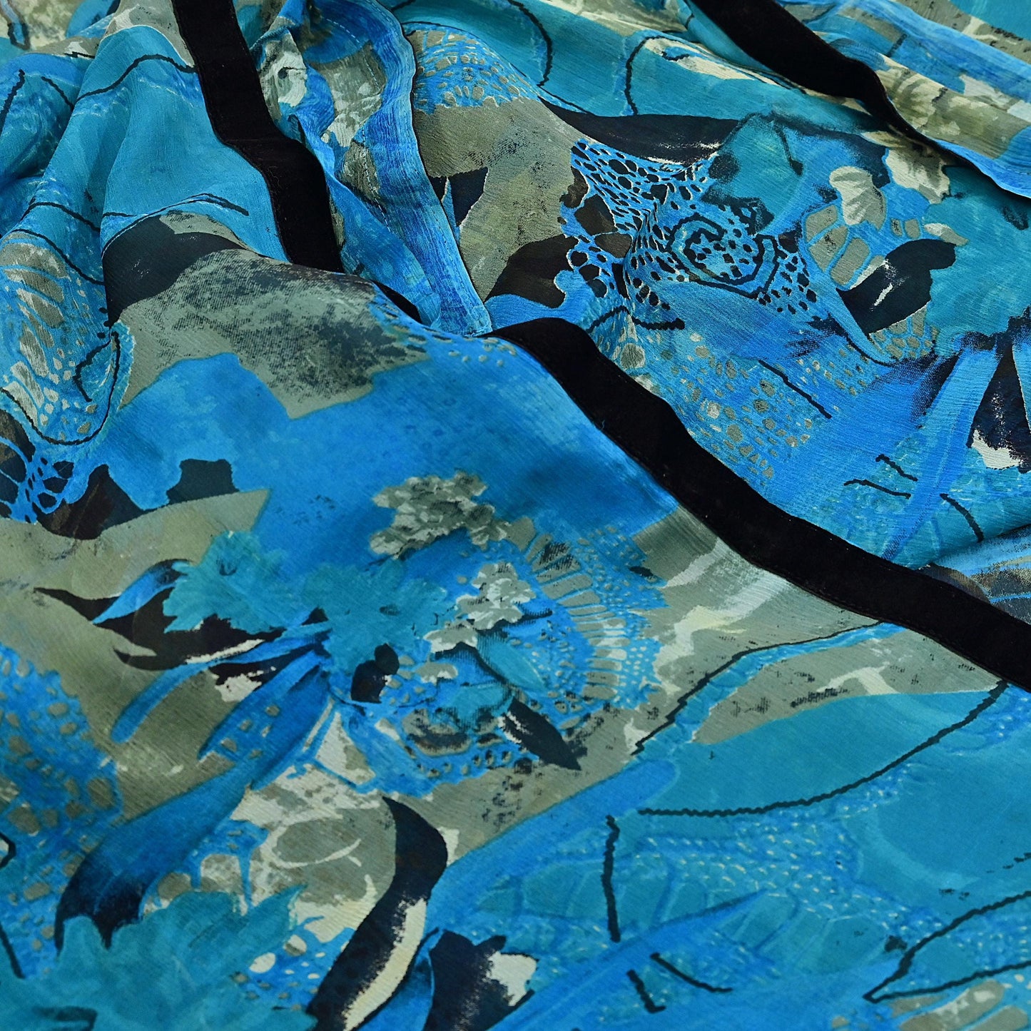 Indian Vintage Sari Blue & Green 100% Pure Georgette Silk Printed Sarees Sewing 5yd Craft Soft Dress Designing for Crafting Abstract