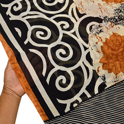 Indian Vintage Sari Ivory & Black Pure Georgette Silk Printed Sarees Craft Fabric Sewing 5Yd Soft Dress Making Crafting Quilting Upcycle