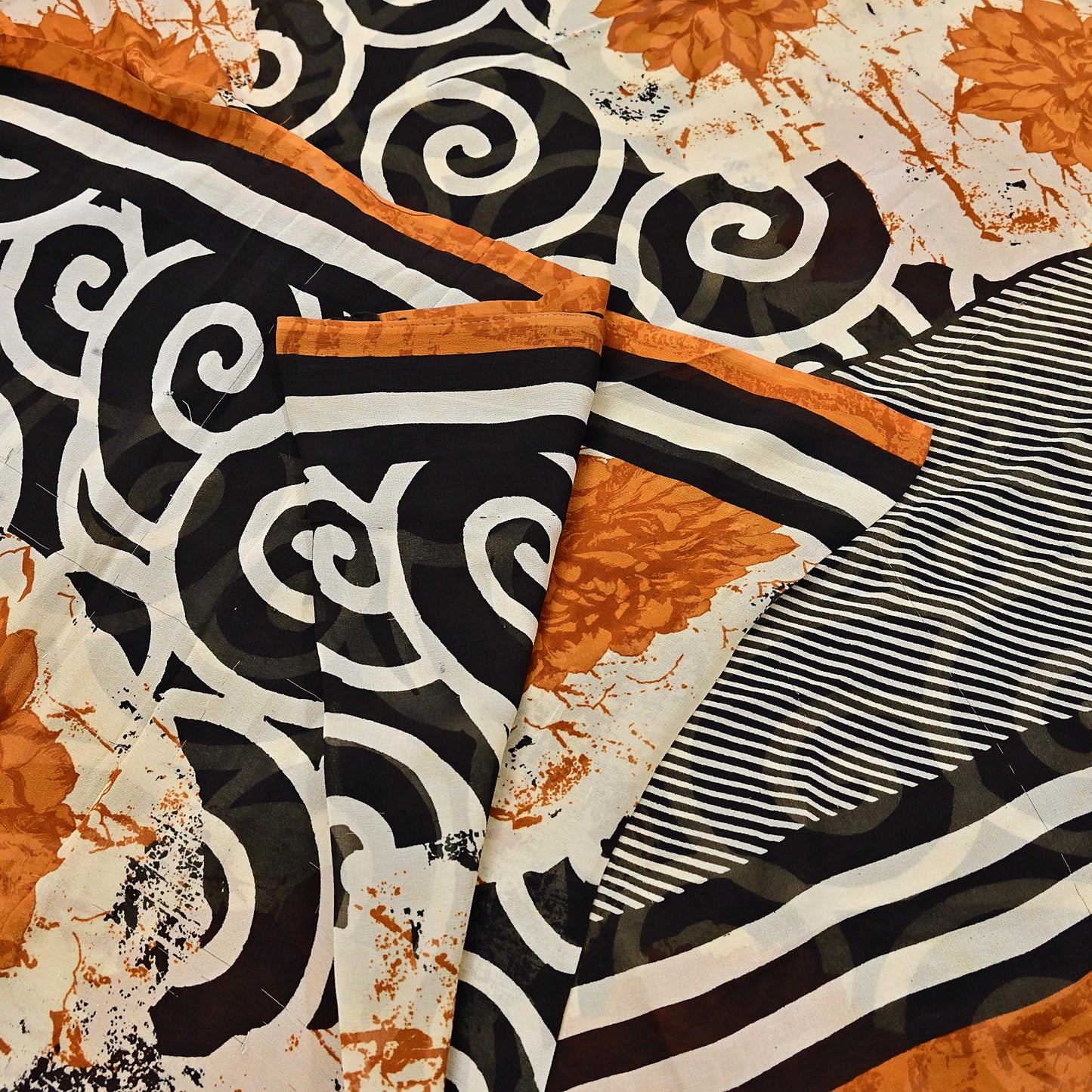 Indian Vintage Sari Ivory & Black Pure Georgette Silk Printed Sarees Craft Fabric Sewing 5Yd Soft Dress Making Crafting Quilting Upcycle