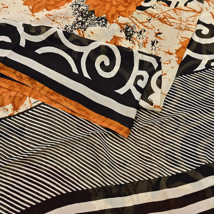 Indian Vintage Sari Ivory & Black Pure Georgette Silk Printed Sarees Craft Fabric Sewing 5Yd Soft Dress Making Crafting Quilting Upcycle