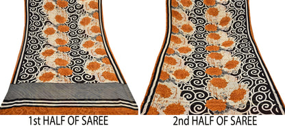 Indian Vintage Sari Ivory & Black Pure Georgette Silk Printed Sarees Craft Fabric Sewing 5Yd Soft Dress Making Crafting Quilting Upcycle