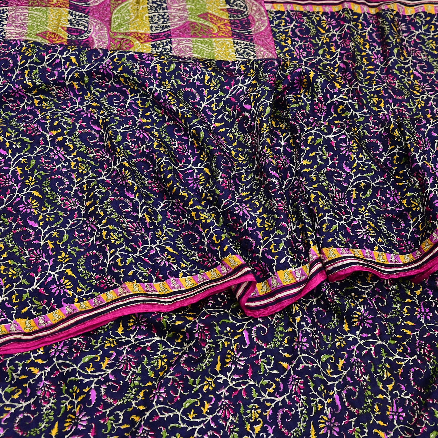 Indian Vintage Pink & Blue Pure Silk Sari 6Yards Soft Printed Floral Fabric Dressmaking, Quilting, Crafting, Sewing, Upcycle Projects