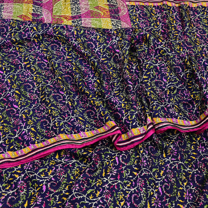 Indian Vintage Pink & Blue Pure Silk Sari 6Yards Soft Printed Floral Fabric Dressmaking, Quilting, Crafting, Sewing, Upcycle Projects