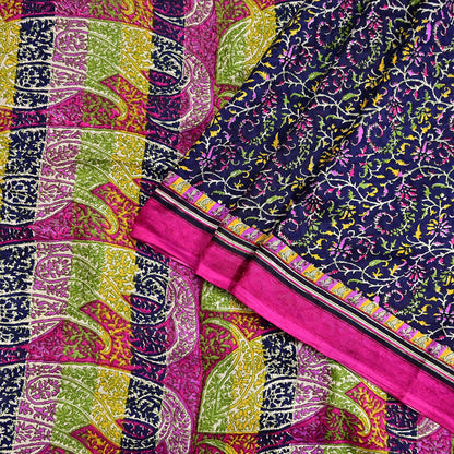 Indian Vintage Pink & Blue Pure Silk Sari 6Yards Soft Printed Floral Fabric Dressmaking, Quilting, Crafting, Sewing, Upcycle Projects