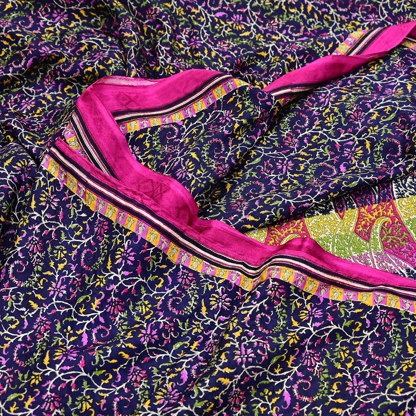 Indian Vintage Pink & Blue Pure Silk Sari 6Yards Soft Printed Floral Fabric Dressmaking, Quilting, Crafting, Sewing, Upcycle Projects