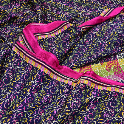 Indian Vintage Pink & Blue Pure Silk Sari 6Yards Soft Printed Floral Fabric Dressmaking, Quilting, Crafting, Sewing, Upcycle Projects