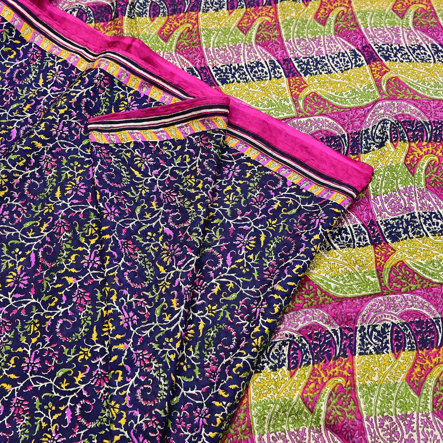 Indian Vintage Pink & Blue Pure Silk Sari 6Yards Soft Printed Floral Fabric Dressmaking, Quilting, Crafting, Sewing, Upcycle Projects