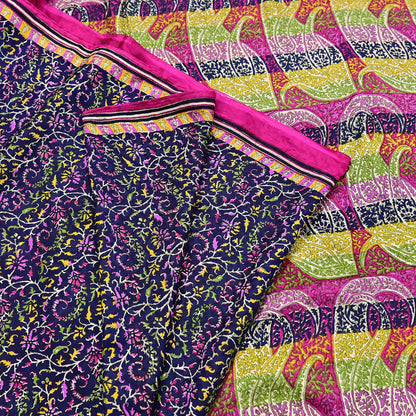 Indian Vintage Pink & Blue Pure Silk Sari 6Yards Soft Printed Floral Fabric Dressmaking, Quilting, Crafting, Sewing, Upcycle Projects