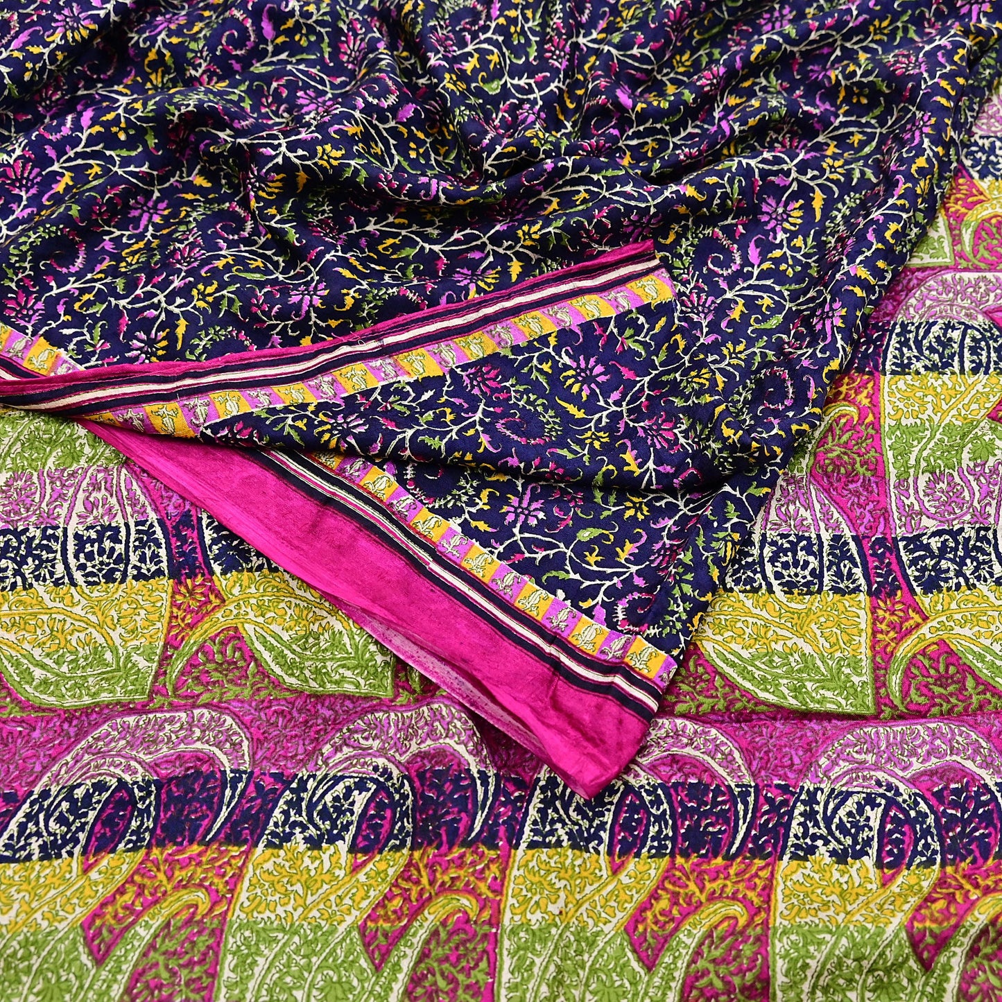 Indian Vintage Pink & Blue Pure Silk Sari 6Yards Soft Printed Floral Fabric Dressmaking, Quilting, Crafting, Sewing, Upcycle Projects