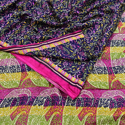 Indian Vintage Pink & Blue Pure Silk Sari 6Yards Soft Printed Floral Fabric Dressmaking, Quilting, Crafting, Sewing, Upcycle Projects