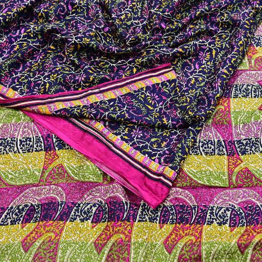 Indian Vintage Pink & Blue Pure Silk Sari 6Yards Soft Printed Floral Fabric Dressmaking, Quilting, Crafting, Sewing, Upcycle Projects