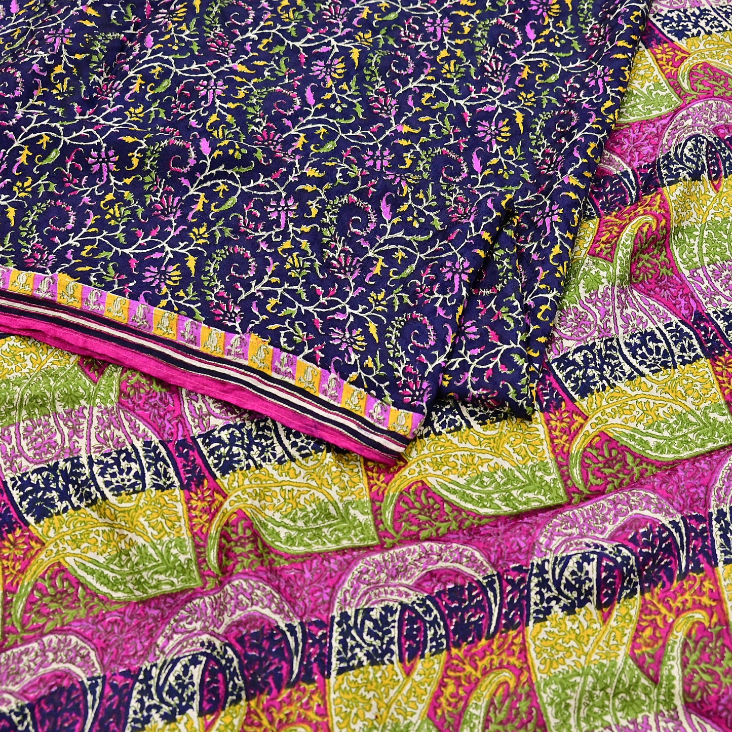 Indian Vintage Pink & Blue Pure Silk Sari 6Yards Soft Printed Floral Fabric Dressmaking, Quilting, Crafting, Sewing, Upcycle Projects