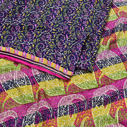 Indian Vintage Pink & Blue Pure Silk Sari 6Yards Soft Printed Floral Fabric Dressmaking, Quilting, Crafting, Sewing, Upcycle Projects