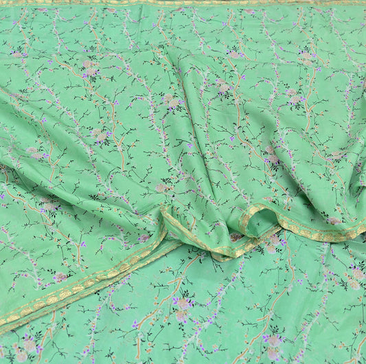 Indian Vintage Sari Sage Green Printed Pure Silk Sarees 5yd Sewing Craft Fabric Soft Dress Making Upcycle Crafting Quilting Used Zari
