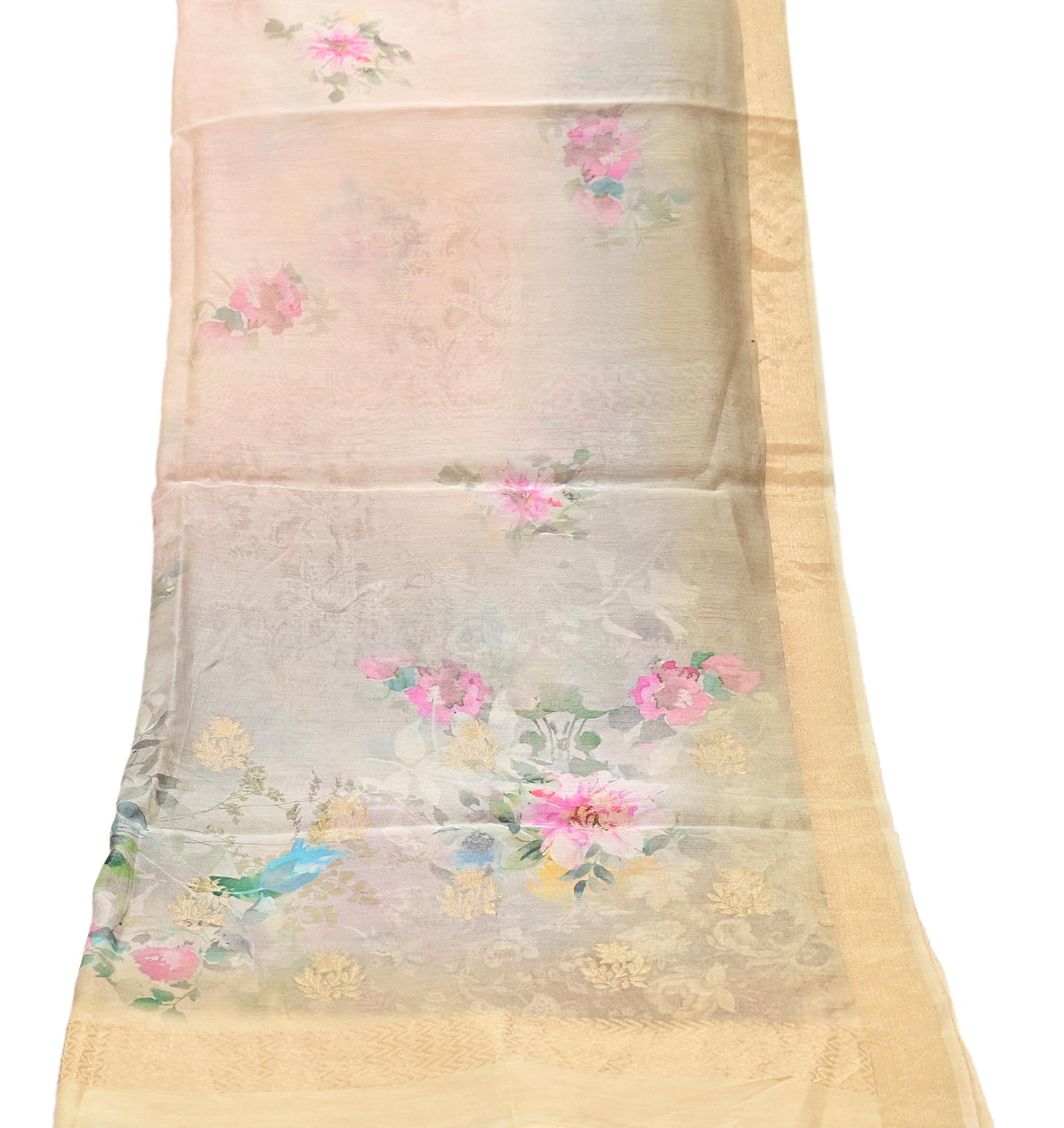 Women Indian Vintage gray ivory Dupatta Long Stole Pure silk Digital Printed Dupatta Veil Scarves soft Boho Wrap Dressmaking Zari Border